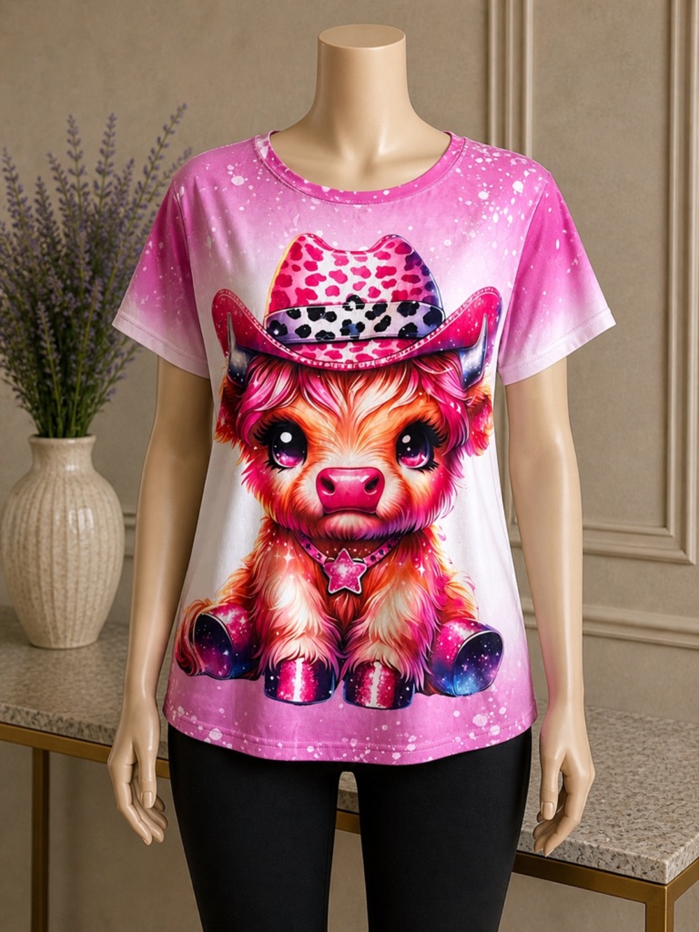 Cute Pink Cow Graphic Tee – No Tag (Fits L) – Kawaii Western Style Shirt
